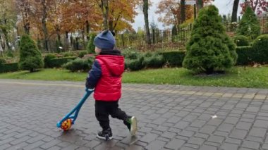 Dışarıda oyuncağıyla dolaşan sevimli çocuğu takip ediyor. Küçük çocuk kameradan mutlu bir şekilde kaçıyor. Arka planda sonbahar parkı.