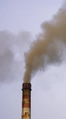 Gökyüzü arka planında tehlikeli emisyonlar. Fabrika bacasından siyah zehirli duman bulutları çıkıyor. Hava kirliliği ve küresel ısınma. Dikey video