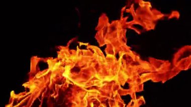 Şenlik ateşinin kızgın kırmızı alevi. Siyah arka plandaki şenlik ateşinin üst kısmı izole edilmiş. Kapat..