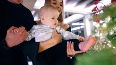 Çıplak ayaklı erkek bebek Noel ağacının yanında ailesinin ellerinde. Çocuk çıplak ayakla ağaç dallarına dokunur..