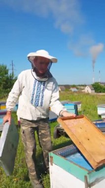 Köyün arka planında Apiary var. Arıcı koruyucu şapkalı, ahşap kovanların yanında çalışıyor. Apiculture kavramı.