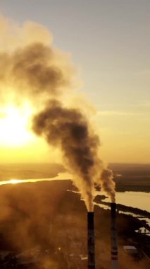 Fabrika bacalarının yoğun dumanı. Elektrik santralinin yüksek bacasından çıkan duman ve buhar dikey video