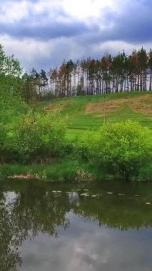 Dengesiz bitki örtülü kıyı şeridiyle nehir boyunca ilerliyoruz. Bankada duran atlı bir çift. Arka planda bulutlu bir gökyüzü. Dikey video