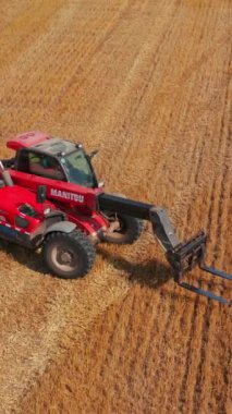 Küçük çevik güçlü yükleme makinesi saman balyasını alıp başka bir tanesine takıyor. Buğday hasadından sonra tarlada çalışan tarım makineleri. Dikey video