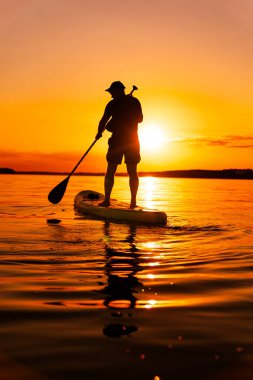 Sunset 'te sörf tahtası. Güneş arkasındayken sakin bir gölde kürek çeken bir adam suya turuncu bir ışıltı saçıyor..