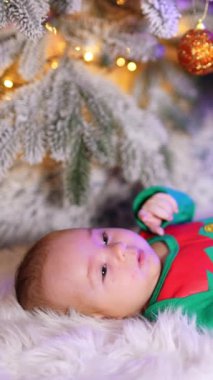 Yeşil elf kostümü giymiş sevimli gülümseyen çocuk pofuduk bir ekose üzerinde yatıyor. Tatlı çocuğun üstünde süslenmiş Noel ağacı. Dikey video