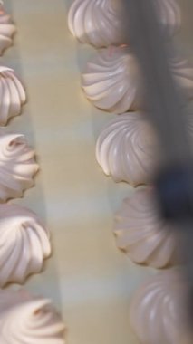 Lezzetli kremalı şekerler konveyör bandında yavaşça ilerliyor. Taze vanilyalı tatlılar makineden çıkıyor. Kapatın. Üst Manzara. Dikey video