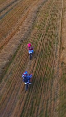 Mavi kasklı adam motosikletli pembe kasklı kızı takip ediyor. Genç çift yaz aylarında çiftliklerde gezintiye çıkıyor. Üst Manzara. Dikey video