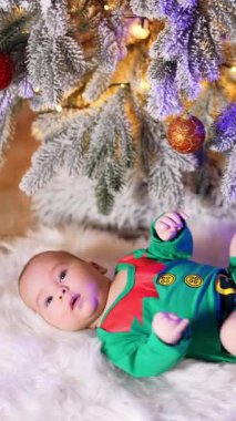 Altında elf kostümü giymiş güzel bir çocukla Noel ağacı. Tüylü ekoseli komik takım elbiseli sevimli çocuk. Her iki taraftaki cüce bebek süslemeleri bir çocuktan. Dikey video