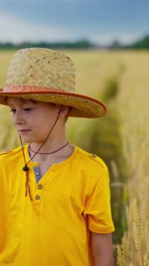 Sahada dikenli sarı tişörtlü çocuk var. Kırsal kesimde tarımın arasında şapkalı küçük bir çiftçinin portresi. Dikey video