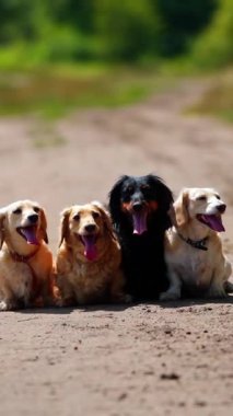 Evcil hayvanlar dışarıda. Dachshund köpekleri aydınlık bir yaz gününde yolda birlikte otururlar. Sokakta dinlenen dört sevimli köpek. Dikey video