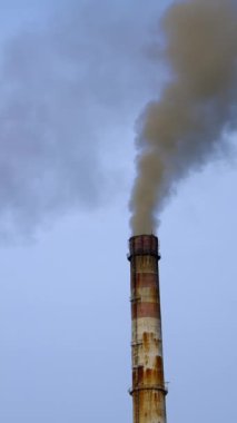 İki endüstriyel borudan duman yükseliyor. Fabrika boruları havayı dumanla kirletir. Dikey video