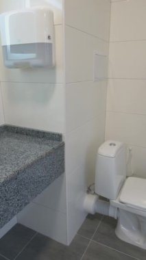 Modern su havzası tasarımlı, temiz bir tuvalet. Hastanedeki ya da oteldeki tuvaletler kapalı. Aynalı steril tuvalet. Dikey video