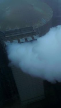 Kalın duman çıkaran boruları olan tahıl asansörü fabrikasındaki yüksek binalar. Gri sisli bir fon. Dikey video