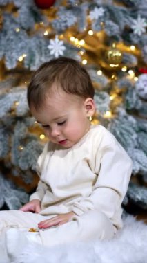 Beyaz elbiseli güzel bir çocuk Noel ağacının yanında pofuduk bir ekose üzerinde oturuyor. Çocuk bir oyuncak için heyecanlı. Kapat..