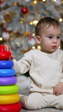 Oyuncak piramidin parçalarını toplayan mutlu çocuk. Bebek mutlu bir şekilde el sallıyor ve gülümsüyor. Kara kedi ön planda yürüyor. Noel ağacı arka planda. Dikey video