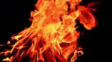 Sağa doğru uzanan şenlik ateşi. Kamp ateşinde yanan bir odun yığını. Kapat..