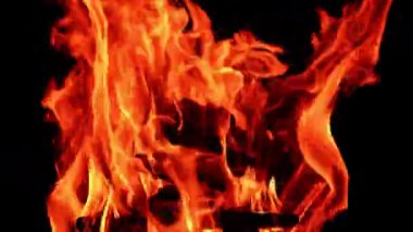 Şenlik ateşinde yanan odun yığınları. Karanlıkta rüzgarda dans eden alevlere yakından bak. Kapat..