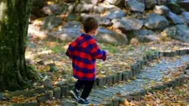 Kırmızı ve mavi tişörtlü çocuk taş yığınları boyunca dar patikadan koşuyor. Küçük çocuk tahta çitlere yaklaşıyor..