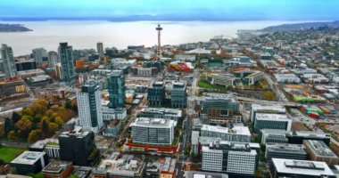 Merkezinde Uzay İğnesi Kulesi olan Seattle 'ın tanınabilir şehir manzarası. Gündüz vakti Amerikan şehrine hava perspektifi.