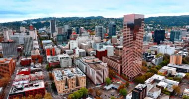 Portland, Oregon, ABD 'nin çeşitli mimarisi Willamette nehrinin rıhtımında. Arkaplanda birikmiş yeşil kayalar. Üst görünüm.