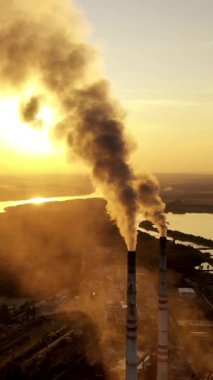 Sigara fabrikası bacası. Bitki gün batımında borulardan duman ve sis yayar, kirleticiler atmosfere girer. Dikey video