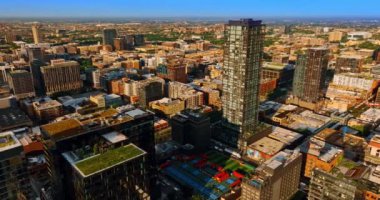 Yüksek binaların tepesinde otlar büyüyor. İHA görüntüleri Chicago, Illinois, ABD panoramasının üzerinde..