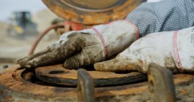 Eller koruyucu eldivenlerle sondaj ekipmanının metal detaylarını düzenler. Petrol veya gaz üretim kavramı.