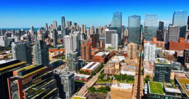 Chicago 'nun mimarisi arasında bir sürü yeşillik büyüyor. Şehir merkezindeki gökdelen silueti arka planda. Üst görünüm.