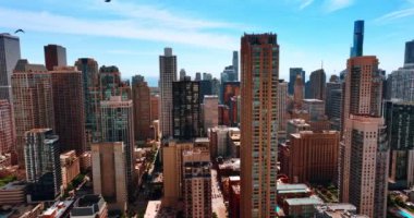Chicago şehir merkezindeki gökdelenlerin üzerinden kuşlar uçuyor. Güneşli şehrin üzerindeki İHA görüntüleri.