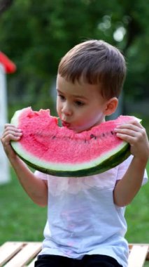 Kafkasyalı çocuk elinde büyük bir dilim karpuz tutarak bir meyveden büyük ısırıklar alıyor. Küçük çocuk dışarıda lezzetli meyve sularının tadını çıkarıyor. Dikey video.