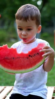 Güzel beyaz çocuk karpuz diliminden büyük lokmalar alıyor. Güzel çocuk taze böğürtlenleri dışarıda yiyor. Dikey video.