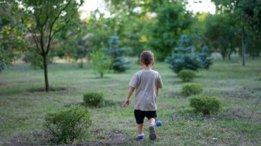 Gri tişört giyen küçük erkek çocuk topuna doğru koşuyor. Mutlu çocuk yeşil parkta bir oyuncakla oynuyor..
