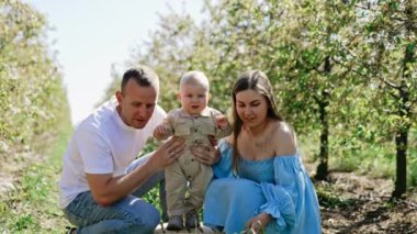 Anne ve baba, tahta sandığın üzerinde duran küçük bebeklerini destekliyor. Sevgi dolu ebeveynler oğullarına bir karahindiba gösterirler. Arka planda bahar bahçesi.