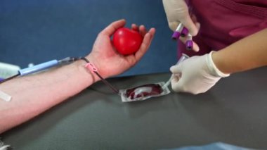 Hemşire kan dolu bir poşet alır ve test tüplerini doldurur. Kan bağışı konsepti. Kapat..