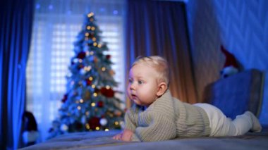 Güzel, tombul yanaklı beyaz bir bebek göbeğinde yatıyor. Küçük bebek emeklemeye çalışıyor. Arkaplanda bulanık bir Noel ağacı.