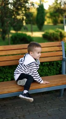 Sevimli çocuk parkta bankta oturur. Küçük çocuk yürüyüş sırasında dinlenmek için oturur. Dikey video.