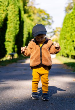 Uzun ağaçlarla çevrili güneşli bir yolu keşfeden küçük bir çocuk. Rahat kıyafetli bir çocuk yeşil bir yolda yürür.