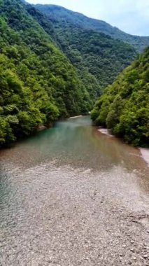 Dağlardan akan sığ nehre doğru ilerliyoruz. Vahşi doğada şaşırtıcı doğa manzarası. Üst Manzara. Dikey video.