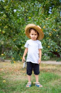 Küçük çocuk bahçede şapkalı bir yaz gününün tadını çıkarıyor. Genç bir çocuk bahçede duruyor, hasır şapka ve günlük giysiler giyiyor.