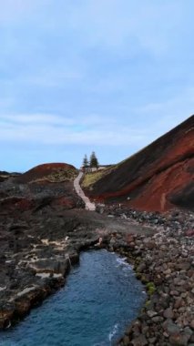 Dağın yanındaki kayalık sahilde iki çam ağacı olan yalnız bir ev. İnsansız hava aracı su yüzeyinden yükseliyor. Azorean Adaları. Dikey video.
