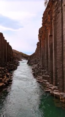 Nehrin üzerinde yüzen resimli sütun kayaları arasında. İzlanda 'nın göz kamaştırıcı doğası. Dikey video.