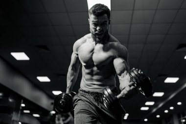 Muscle man lifting dumbbells in gym. A muscular man performs intense weightlifting with dumbbells at the gym, showcasing strength and dedication during his workout session. clipart