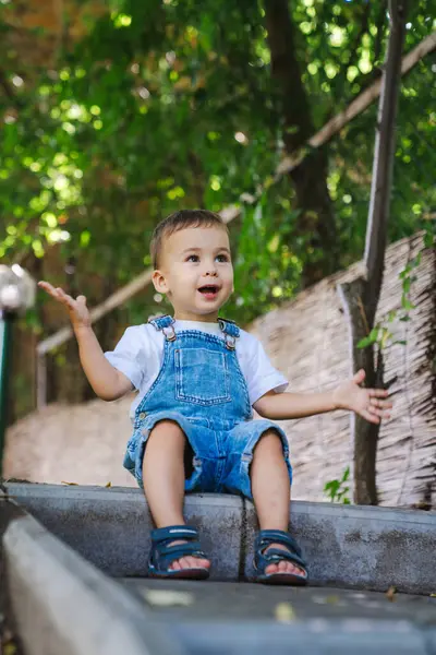 Mutlu çocuk yaz tatilinin tadını çıkarıyor. Kot pantolon giymiş neşeli bir çocuk açık havada oturur, güneşli bir günde yemyeşil bir ortamda heyecanını ifade eder..