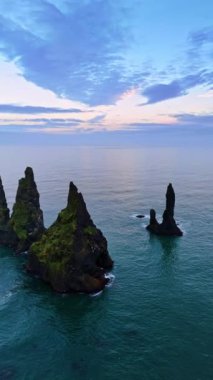 Su yüzeyinden sarkan üzerinde yosun olan sivri kayalar. Deniz manzarası deniz manzarasına doğru derinleşiyor. İzlanda doğası. Dikey video.
