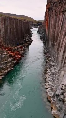 Nehrin üzerinde uçarak sütun kayaların arasında akıyordu. Turistler rıhtımdaki birden fazla kayanın yanından geçiyorlar. İzlanda dağları. Dikey video.