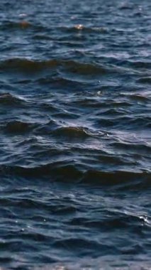 Deniz suyunun hareketi. Suyun içindeki güneşin parlak yansımaları. Güneşli bir günde okyanusta sakin dalgalar ve küçük dalgalar. Yakın plan. Dikey video