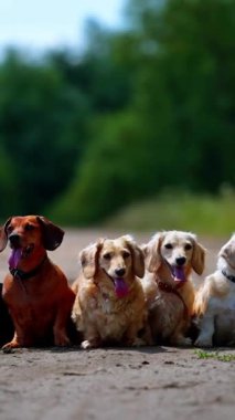 Farklı köpek türleri. Açık sözlü görünüyor. Farklı köpek türleri doğa arka planında sıralanmış durumda. Yeşil bahçe ya da orman geçmişi. Küçük cinslerin oturan köpeklerinin videosu. Dikey video