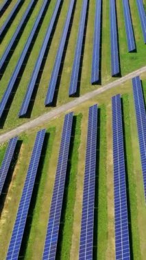 Güneş panelinin yüksek açılı görüntüsü güneş ışığı topluyor. Temiz güneş enerjisinin ekolojik yeniliği. Sahada uzun güneş cihazları var. Yeni tür enerji kavramı Dikey video