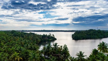 Sri Lanka 'nın sakin sularında yemyeşil. Sakin sulara yansıyan palmiye ağaçları ve adaların sakin manzarası, gün boyunca Sri Lanka 'nın doğal güzelliğini gözler önüne seriyor..
